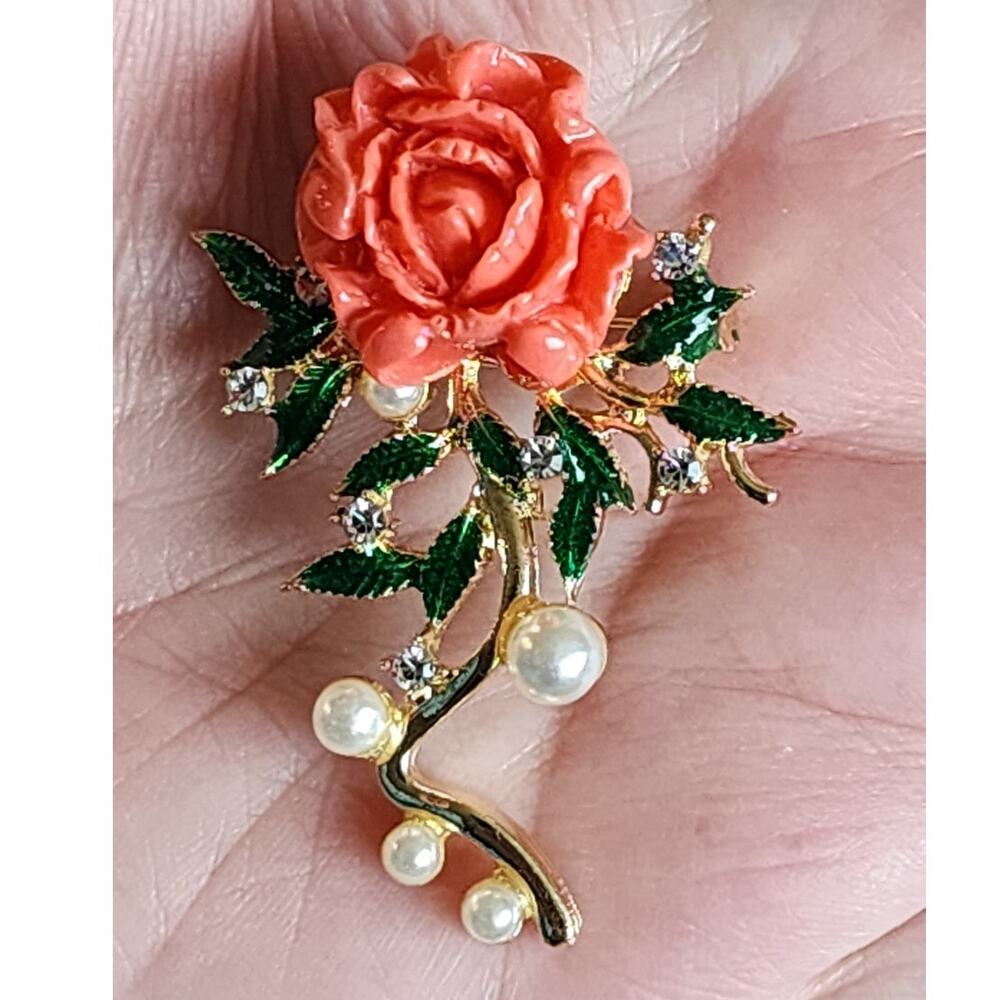 Classic Rose Brooch Faux Pearl and Enamel Coral Color Rose Pretty